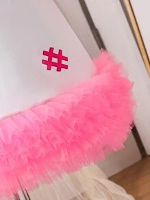 SHEIN Young Girl Daily Wear White  Dress With Printed Hem And Cuffs, Multiple Mesh Inserts At Hem, Summer - White - View 5