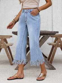 SHEIN LUNE Fringe Hem Flare Leg Jeans - Blue - View 5