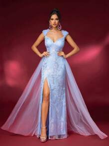 Glamrae 奢华优雅刺绣网眼礼服，带珍珠，3D 花卉肩带，双层不对称领口，胸罩杯，高腰，修身美人鱼裙，侧开衩，可拆卸网眼和亮片斗篷，适用于婚礼派对、晚会、舞会或正式场合舞会婚礼宾客礼服，适用于毕业典礼、晚宴 - 淺藍色 - 查看 6