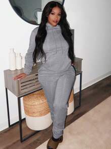 LovelyWholesale Bộ áo và quần dài tay có mũ, túi, kiểu dáng đơn giản, thường ngày dành cho nữ, thích hợp mặc mùa xuân. - Xám - Xem 6