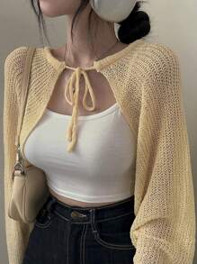 DAZY Áo len nữ dài tay khoét rỗng có cà vạt phía trước - Màu vàng - Xem 4