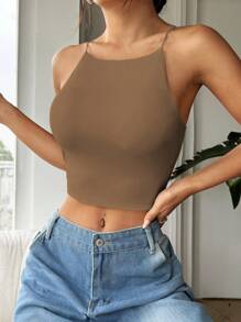 SHEIN EZwear 女士夏季純色修身款短款背心 - 咖啡棕 - 查看 6