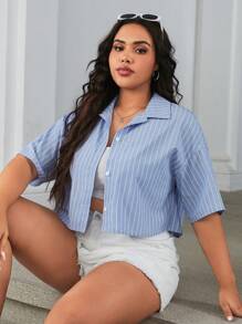Comfortcana 大尺碼女士藍白條紋針織襯衫，前扣設計，夏季款 - 藍色 - 查看 5