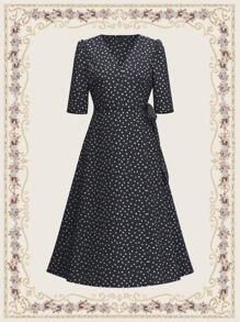 Vintamour Vestido envolvente elegante y vintage para mujeres, vestido de lunares de verano con lazo y cuello en V con cinturón negro, ropa de maestra, falda larga, atuendo para concierto de mujeres, estilo old money, vestido de trabajo casual, vestidos largos para mujeres, hawaiano - Negro - Ver 3