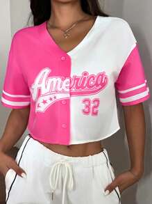 Comfortcana 热粉色字母图案双色落肩短款针织衬衫，短袖上衣 - 彩色 - 查看 12