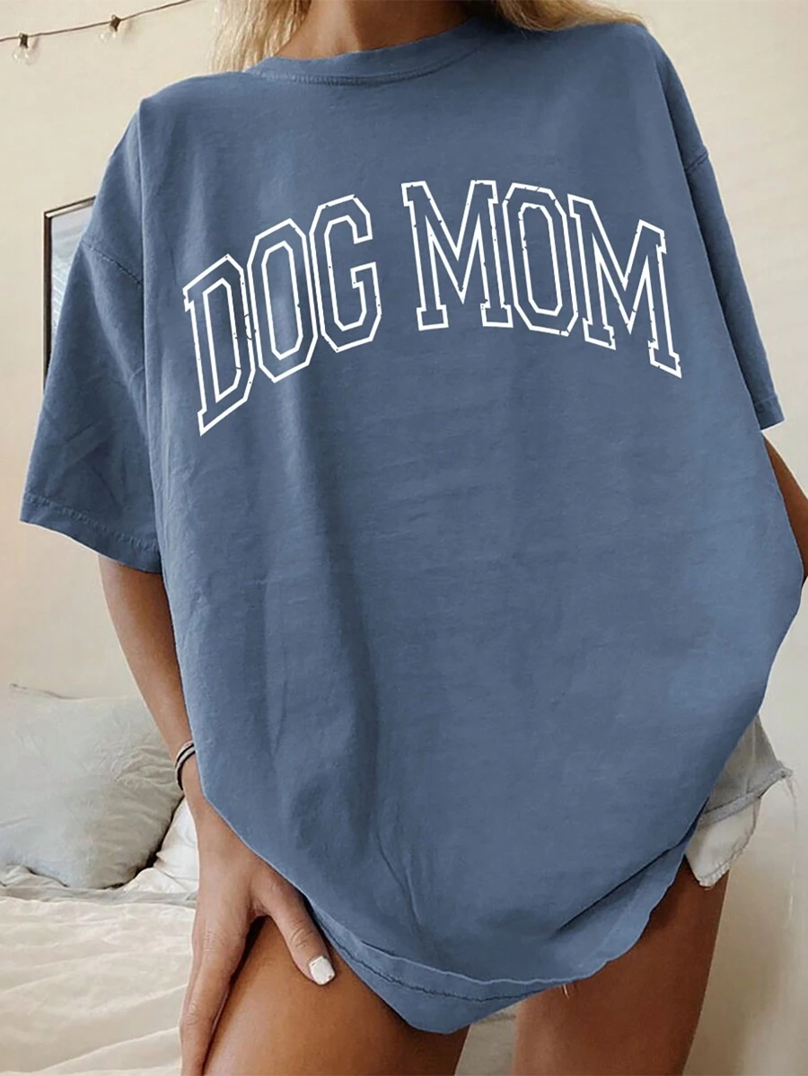 INAWLY Plus Letter Graphic Drop Shoulder Tee Graphic Tees Women Tops - Dusty Blue - View 1