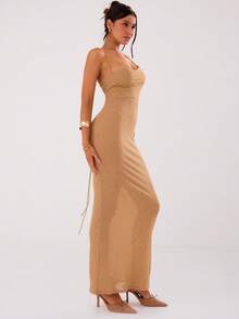 MUSERA Sheer Asymmetrical Neck Maxi Dress Summer, Beach, Sexy - Apricot - View 4