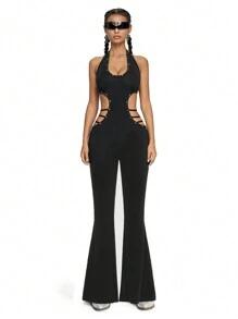 ROMWE Avant Star Rivet Waist Halter Backless Jumpsuit, Rave Festival - Black - View 6