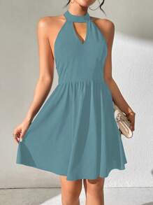 Chiquease Của phụ nữ Không lưng Ren Vá lại Tháp Eiffel In Halterneck Đầm - Màu xanh lam - Xem 2