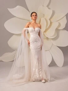 HEARBOBO 优雅蕾丝露肩超长袖薄纱鱼尾婚纱 - 白色 - 查看 6