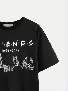 FRIENDS X SHEIN Plus Size Black Casual Loose Drop Shoulder T-Shirt With Simple Line Drawing Architecture And Letter Print, Summer FRIENDS 1994-2004