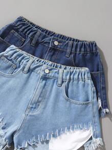 Teen Girl Summer Casual Fringe Hem Washed Denim Shorts With Elastic Waistband