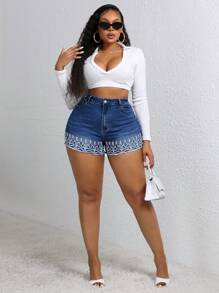 Slaydiva Plus Size Stretch Denim Fashion Embroidered Shorts - Blue - View 5
