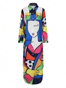 Damen Mode Langarm Blume Muster Hemdkragen Langes Lässiges Elegantes Kleid - Verschiedenfarbig - Übersicht 3