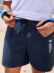 In My Nature Men Letter Graphic Drawstring Waist Outdoor Shorts - Blue - View 9