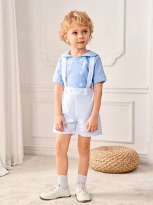SHEIN Bộ 2 món: Áo sơ mi tay ngắn phong cách quý ông thời đại học màu xanh navy và quần short có quai màu trắng tinh khiết, phối màu cổ điển, quý ông nhưng vẫn thời trang, thoải mái cho bữa tiệc hàng ngày của trường đại học, đầy phong cách Anh, đa năng, thích hợp cho các buổi đi chơi, mua sắm, mặc hàng ngày, đẹp trai và sành điệu, hoàn hảo cho mùa xuân và mùa hè - Màu xanh lam - Xem 1