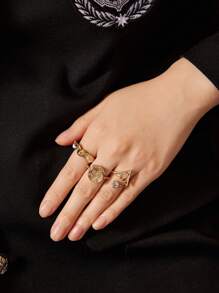 HARRY POTTER X SHEIN 3 Pcs/Set Fashionable And Unique Gold Zinc Alloy Ring Set,Gifts,Valentine's Day, Back To School - Gold - View 3