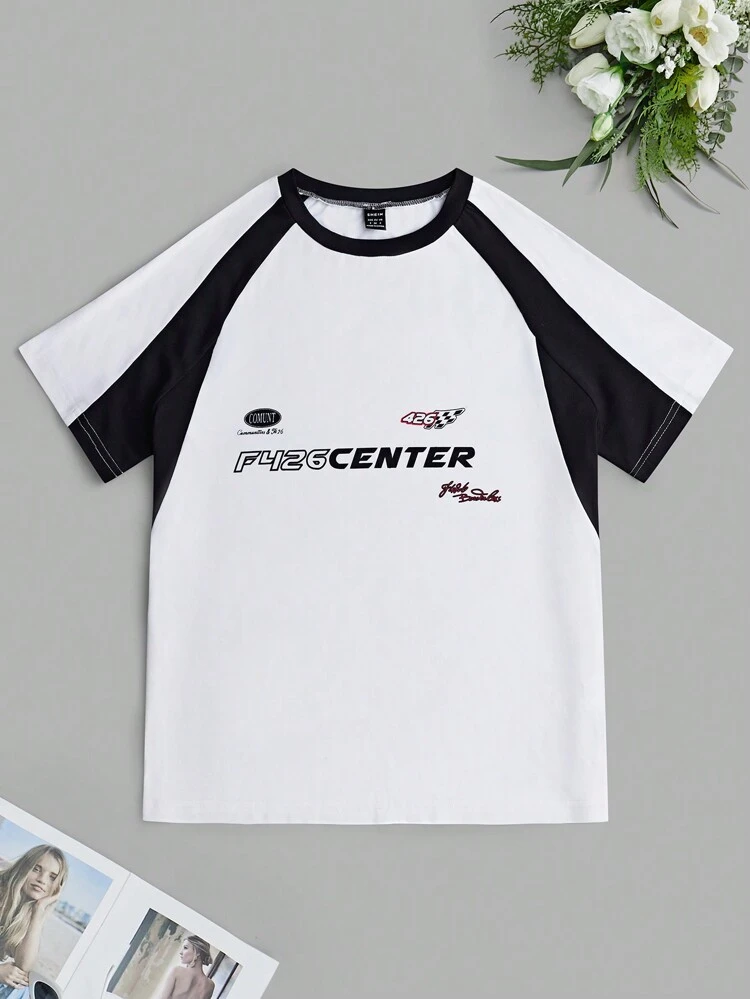 Women's Black And White Color Block Patchwork Front Printed T-Shirt