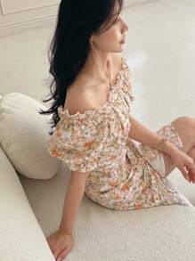 DAZY Women's Ditsy Floral Puff Sleeve Summer Dress Sundress