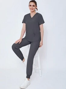 Women's Matte Running Elastic Nurse Uniform, Scrub Surgical Gown With Pockets, Breathable, Anti-Pilling And Anti-Static, 2pcs/Set, Nursing Clothes - Grey - View 5