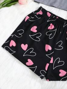 SHEIN 少女心形圖案短袖T恤+直筒褲+短褲針織舒適休閒防火家居睡衣套裝3件 - 彩色 - 查看 4