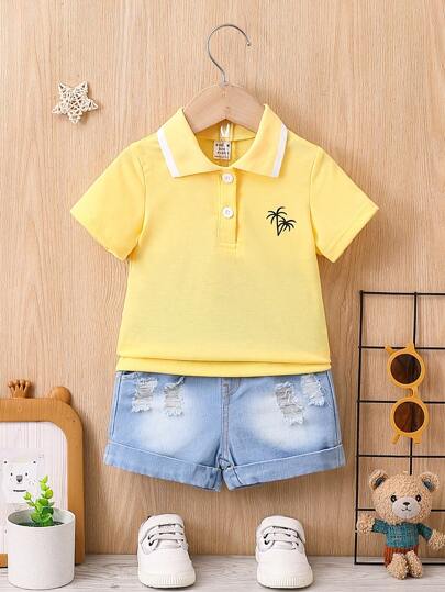 Baby Boy Front-Buttoned Printed Short Sleeve Shirt And Distressed Denim Shorts Set