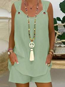 INAWLY 2入組女士純色簡約日常背心短褲套裝 - 薄荷綠 - 查看 1