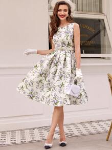 Vintamour Vestido elegante vintage para mujer con estampado floral, sin mangas, cinturón a la cintura, vestido mini primavera/verano con dobladillo de paraguas, vestido para el Día de la Madre, vestido de verano para mujer, vestido de verano, vestido de fiesta de verano, vestido floral de verano para invitada de boda, vestido para carrera de caballos, vestidos, vestido de graduación, vestido de madre de la novia, atuendo del Día de la Madre, vestido blanco de graduación, atuendo de graduación, vestido de princesa, atuendo de boda, vestido de brunch, vestido de fiesta de graduación, vestido verde - Albaricoque - Ver 4