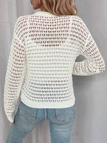 SHEIN LUNE Áo len dệt kim kiểu pointelle, buộc dây phía trước, vai rớt, thích hợp mặc mùa thu đông. - trắng - Xem 2