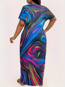 Maweii Vestido maxi de manga corta con cuello cuadrado para mujer de talla grande