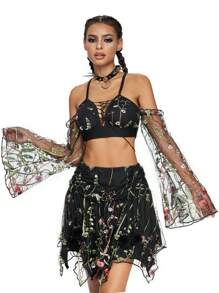 ROMWE Fairycore Áo crop top dài tay thêu hoa có ren phía trước, Lễ hội Rave - màu đen - Xem 3