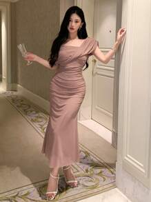 Joudiya Vestido midi de manga corta con cuello asimétrico de unicolor para mujer, vestido de cóctel elegante para el Día de San Valentín