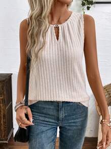 SHEIN LUNE Áo ba lỗ có họa tiết trang trí bằng kim loại mùa hè dành cho nữ có đường viền cổ vuông với kiểu dáng vừa vặn thoải mái, áo sơ mi khiêm tốn bằng hoa hồng Emery - Màu be - Xem 6