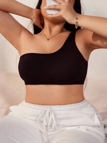SHEIN Plus Comfortable Solid Wireless One Shoulder Bralette - Black - View 4