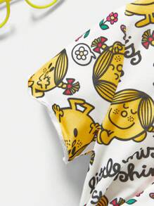 Mr Men Little Miss X SHEIN Young Girl Flower Letter Cartoon Print Casual Lettuce Trim Crop Top And Shorts Homewear Set - Yellow - View 9