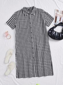 SHEIN Essnce 女士休閒格子紐扣前衬衫連衣裙，夏季 - 黑色 - 查看 9