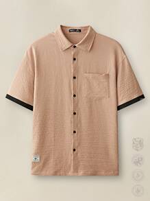 Manfinity VCAY Bộ áo sơ mi dệt tay ngắn dáng rộng cho nam, hoàn hảo cho mùa hè đi học - Màu Khaki - Xem 4