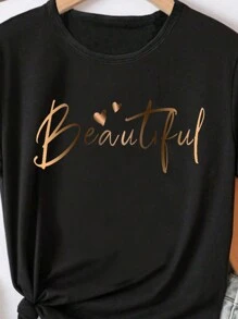 Sparklyn Tween Girl Summer Short Sleeve Casual T-Shirt With Letter Print Round Neck - Black - View 3