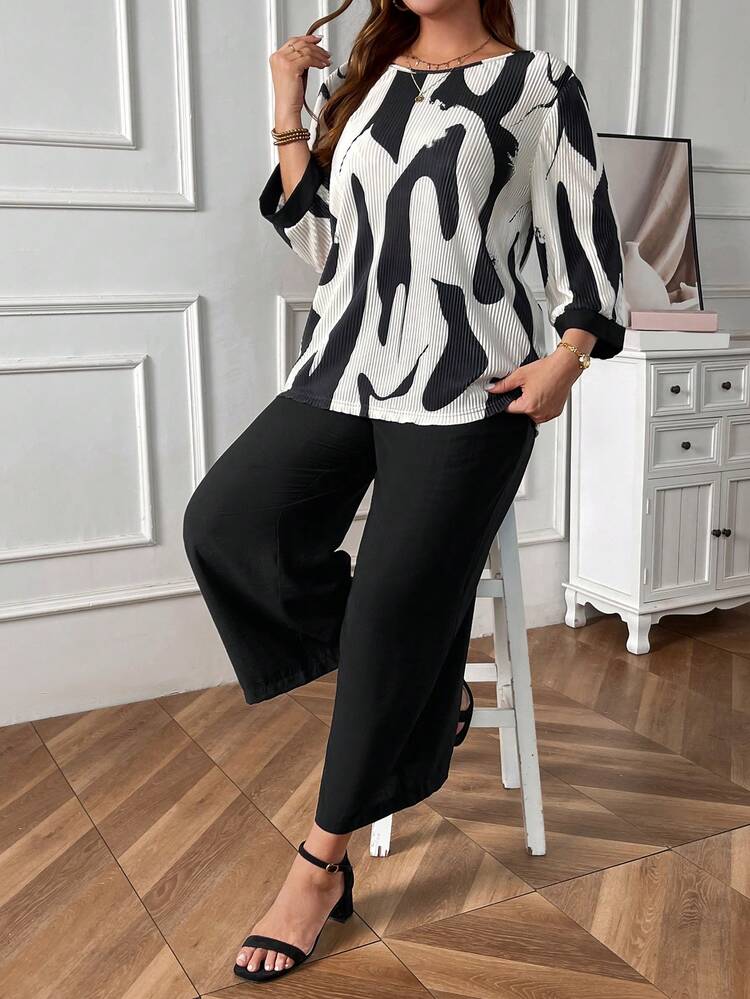 Plus Graphic Print Blouse & Wide Leg Pants For Dailywear
