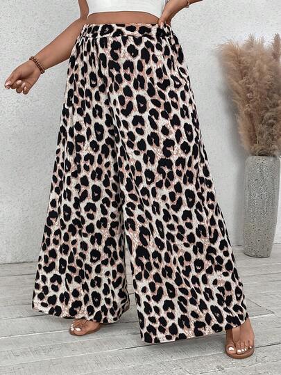 SHEIN VCAY Plus Size Loose Leopard Print Vacation & Casual Wide Leg Pants
