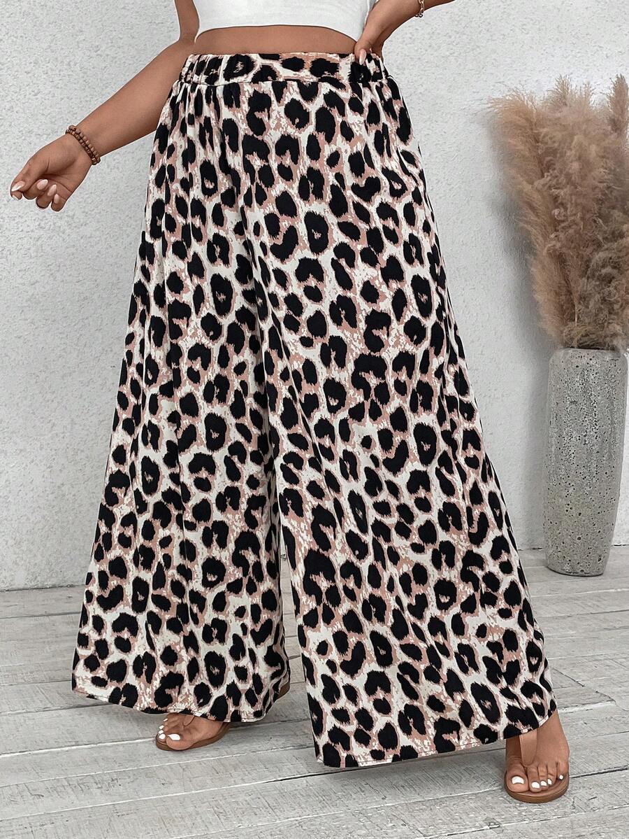 SHEIN VCAY Plus Size Loose Leopard Print Vacation & Casual Wide Leg Pants - Multicolor - View 1
