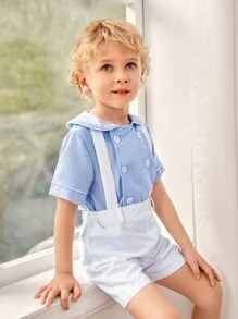 SHEIN Bộ 2 món: Áo sơ mi tay ngắn phong cách quý ông thời đại học màu xanh navy và quần short có quai màu trắng tinh khiết, phối màu cổ điển, quý ông nhưng vẫn thời trang, thoải mái cho bữa tiệc hàng ngày của trường đại học, đầy phong cách Anh, đa năng, thích hợp cho các buổi đi chơi, mua sắm, mặc hàng ngày, đẹp trai và sành điệu, hoàn hảo cho mùa xuân và mùa hè - Màu xanh lam - Xem 5