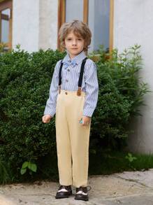 SHEIN 少年紳士2入組藍條紋編織领結長袖衬衫和卡其色編織褲子，带可調節吊帶，时尚，適用於生日派對、晚宴、表演、婚禮、洗禮和首个生日派对。 - 藍色 - 查看 6