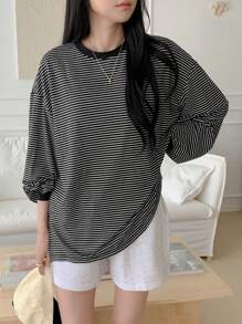 DAZY 女士条纹圆领落肩长袖T恤，新款秋季，返校服，秋季女装