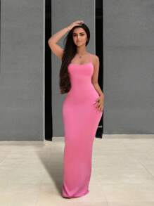 BamGleam 女士简约素色交叉带日常连衣裙长款女装 - 玫紅色 - 查看 4