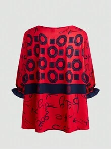 SHEIN LUNE 女士蝙蝠袖不对称印花衬衫 - 紅色 - 查看 2