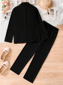 Traje de blazer y pantalón de primavera y otoño de unicolor informal y ligero - Negro - Ver 2