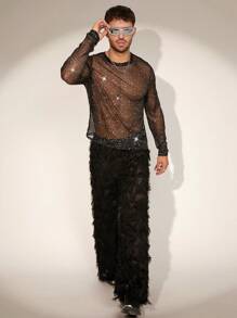 FeverCity Men's Sheer Mesh Round Neck Long Sleeve Knit T-Shirt, Suitable For Summer - Black - View 5