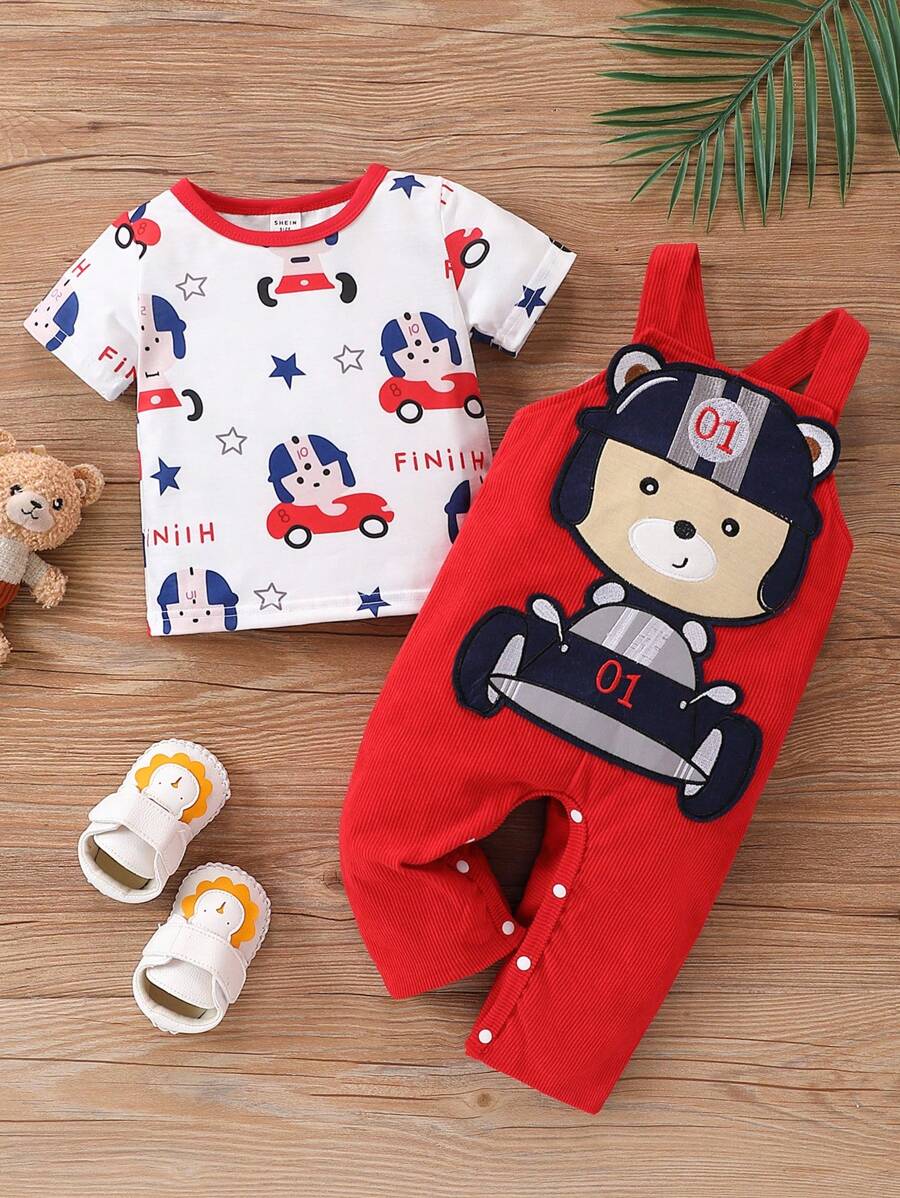 男童卡通刺繡肩帶短褲套裝,夏季 - 紅色 - 查看 1