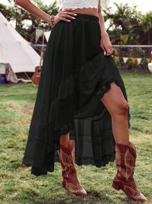 SHEIN VCAY Women's Vacation Solid Color Asymmetric Lace Hem Skirt With Ruffle Detail - Black - View 5